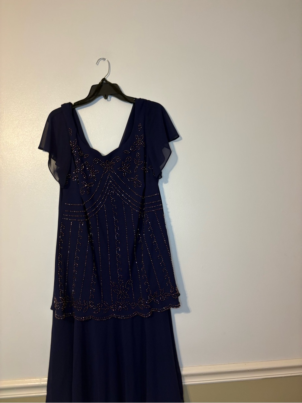 S.L. Fashions Navy Blue Beaded Flutter Sleeve Gown